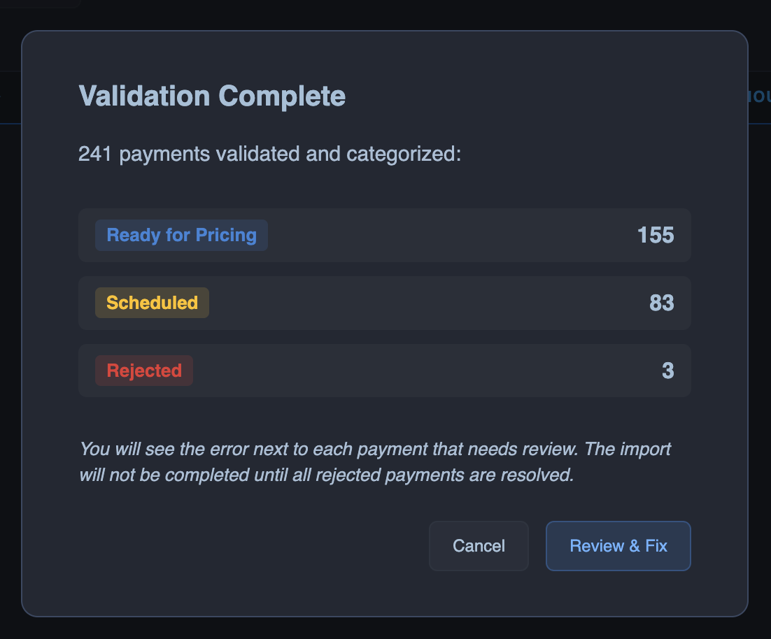 Import validation modal
